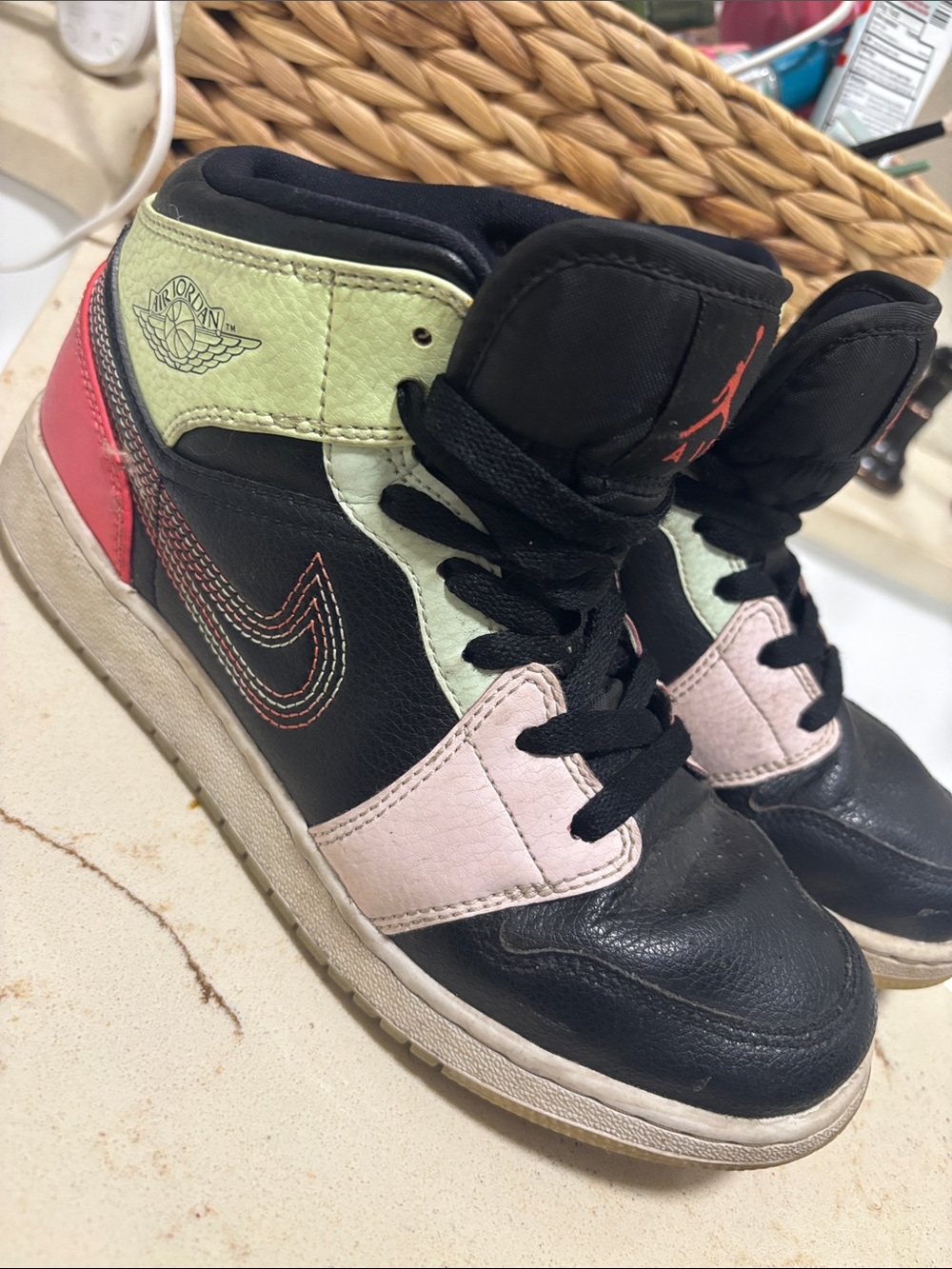 Jordan Kids Black High-Top Sneakers with Pink, Mint and Coral Accents
